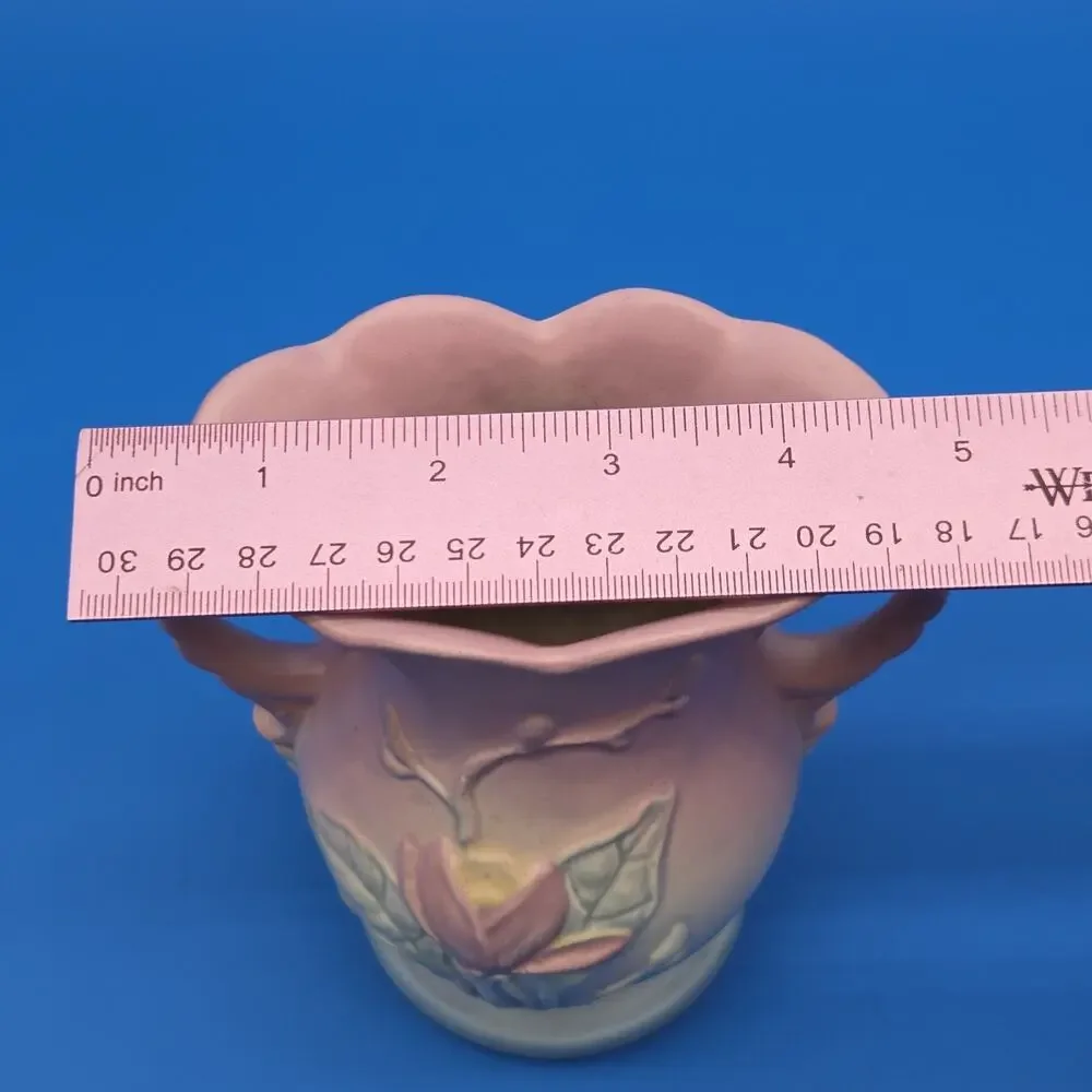 Hull Art Pottery Magnolia Vase 6.25” Matte Pink Blue Double Handle USA 1940s